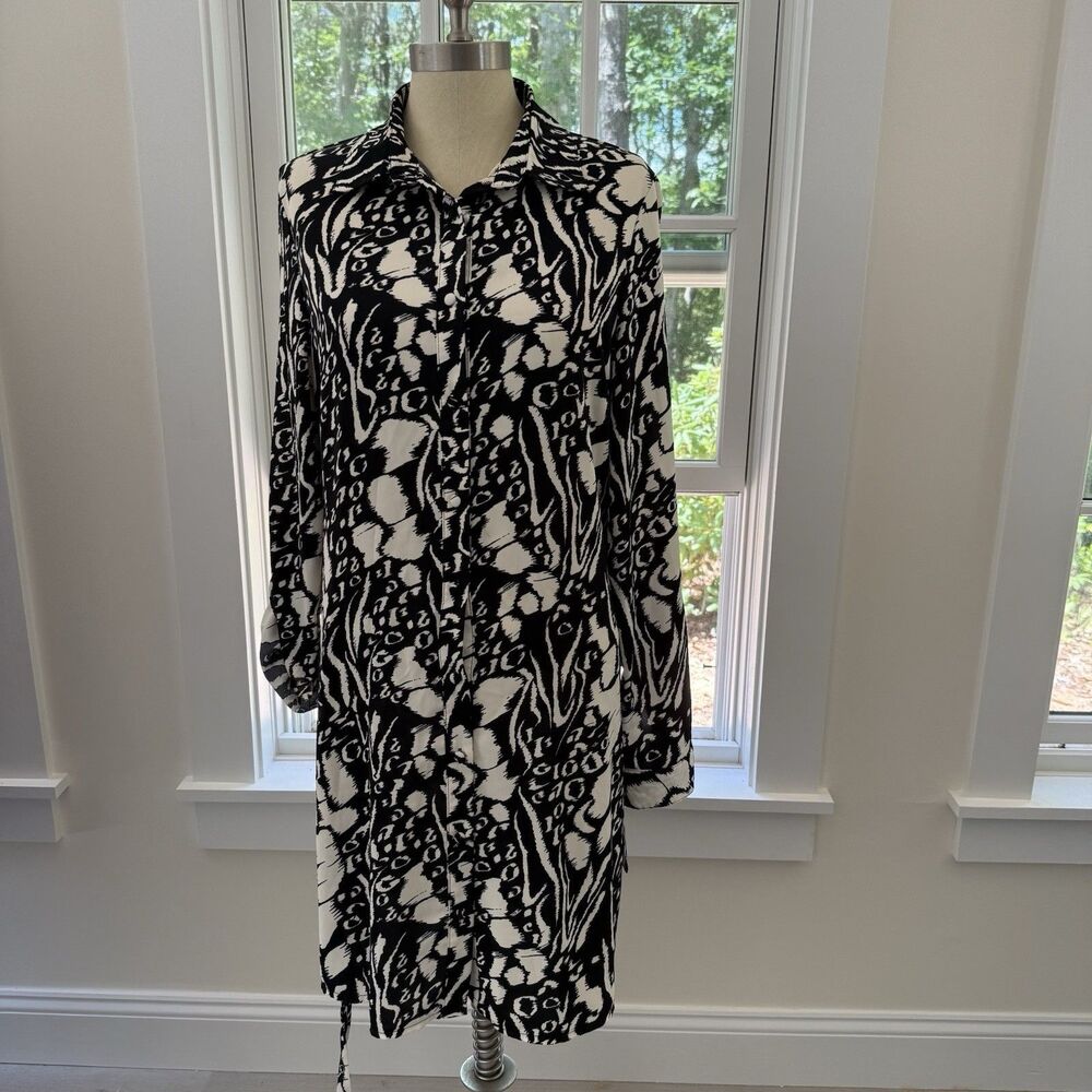 Girl In Mind Black White Shirt Dress Roll Tab Sleeves Tie At Waist Business Sz 8